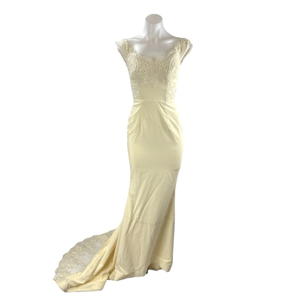 Portia & Scarlett Cream Beaded Embroidery Maxi Trumpet Mermaid Gown Dress Size S